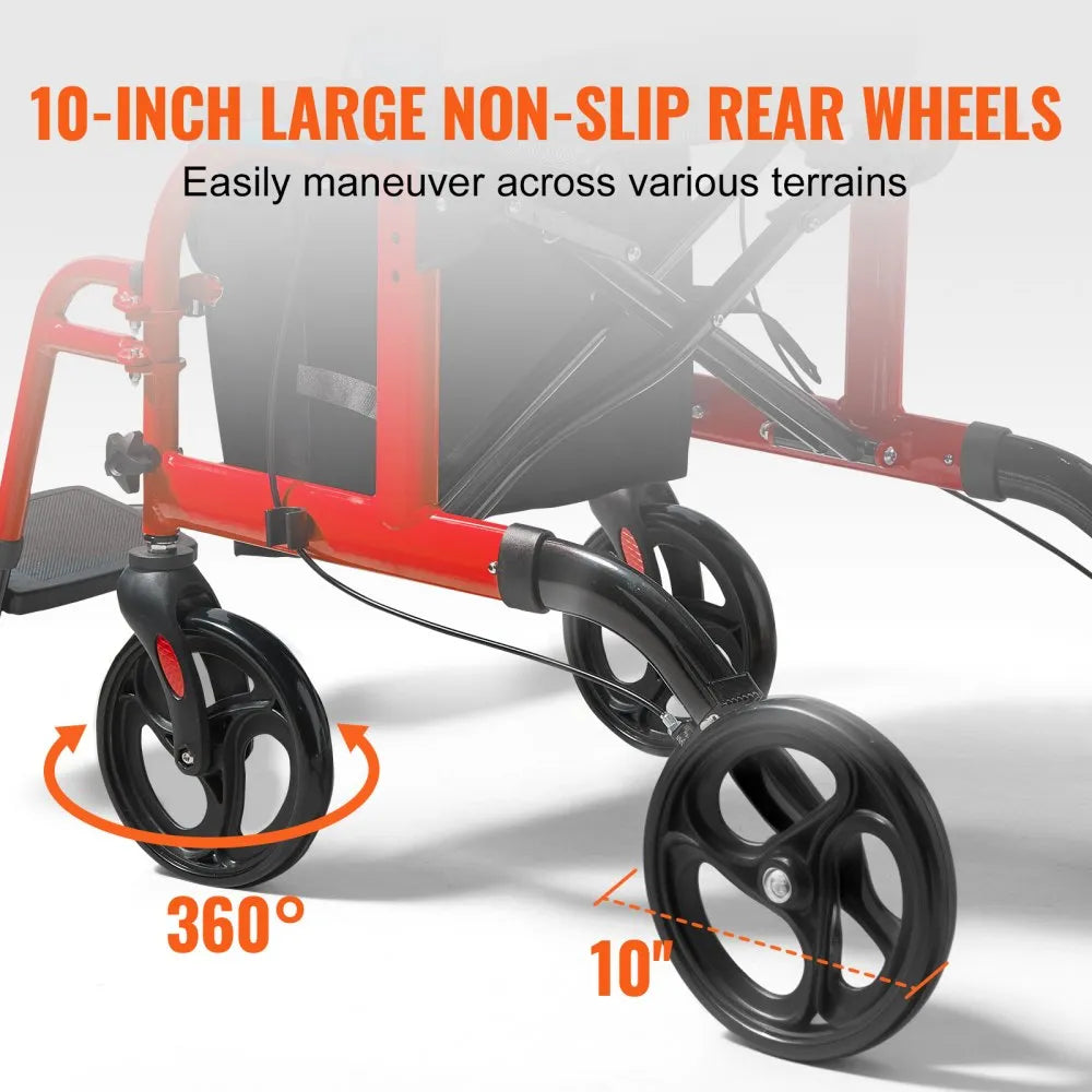 Rollator - Rolstoel Lichtgewicht Opvouwbaar - Rolstoel Opvouwbaar - 2 in 1 - Wandelaar en Rolstoel - Aluminium Mobiliteit Wandelaar voor Senioren - Rood