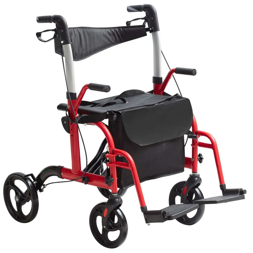 Rollator - Rolstoel Lichtgewicht Opvouwbaar - Rolstoel Opvouwbaar - 2 in 1 - Wandelaar en Rolstoel - Aluminium Mobiliteit Wandelaar voor Senioren - Rood