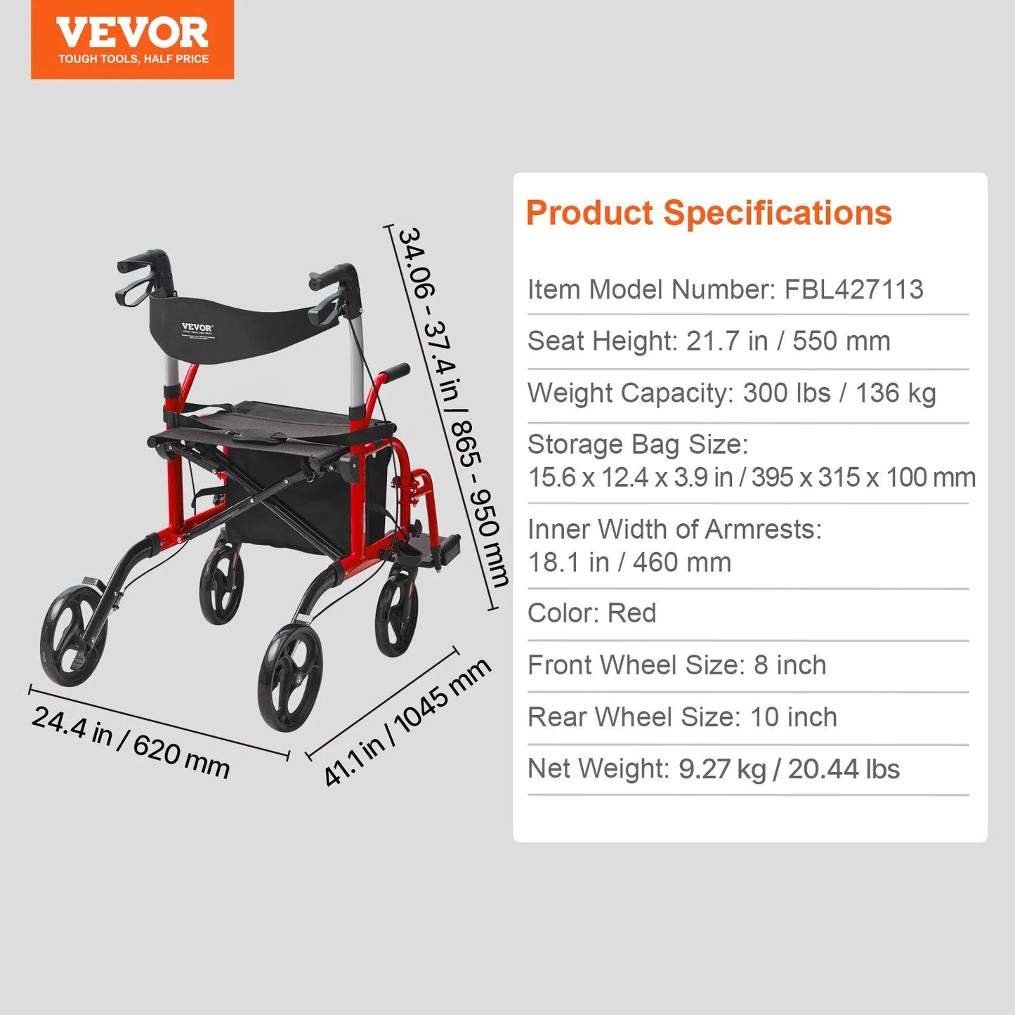 Rollator - Rolstoel Lichtgewicht Opvouwbaar - Rolstoel Opvouwbaar - 2 in 1 - Wandelaar en Rolstoel - Aluminium Mobiliteit Wandelaar voor Senioren - Rood