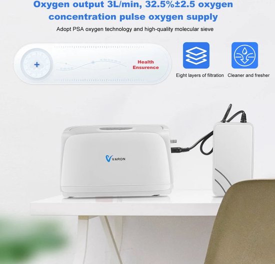 Varon - NT-03 - Zuurstofconcentrator - Oxygen Concentrator - Zuurstof Generator - Zuurstofpomp - Luchtreiniger - Zuurstof - Draagbaar - 3L/min - Wit