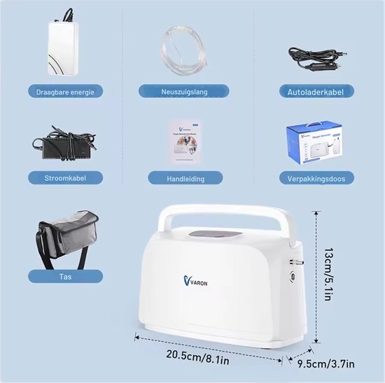 Varon - NT-03 - Zuurstofconcentrator - Oxygen Concentrator - Zuurstof Generator - Zuurstofpomp - Luchtreiniger - Zuurstof - Draagbaar - 3L/min - Wit