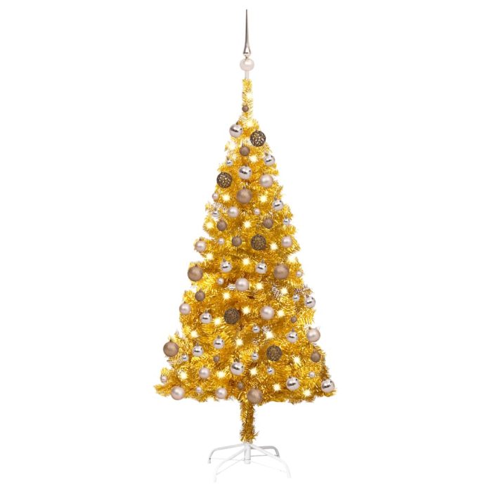 TrendyXL Kunstkerstboom met verlichting en kerstballen 150 cm PET goud