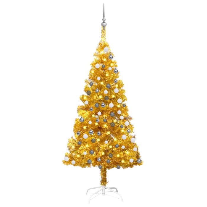 TrendyXL Kunstkerstboom met verlichting en kerstballen 150 cm PET goud