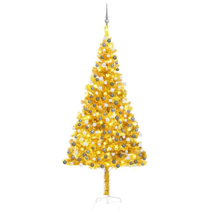 TrendyXL Kunstkerstboom met verlichting en kerstballen 210 cm PET goud