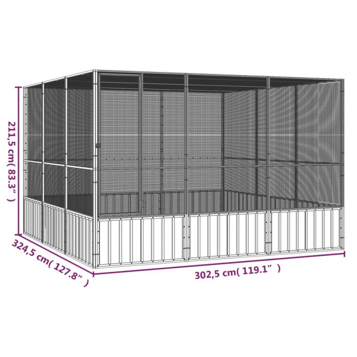 TrendyXL Vogelkooi 302,5x324,5x211,5 cm gegalvaniseerd staal grijs