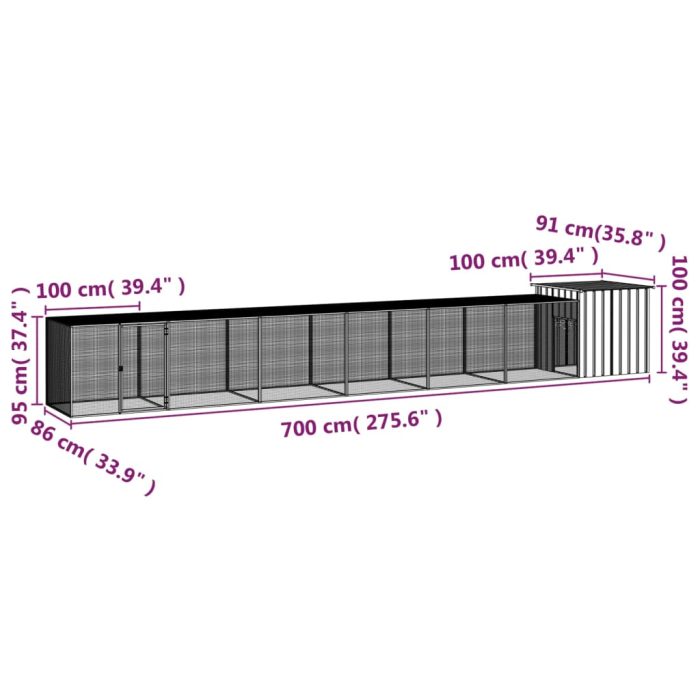 TrendyXL Kippenhok 700x91x100 cm gegalvaniseerd staal grijs