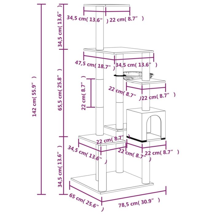 TrendyXL Kattenmeubel met sisal krabpalen 142 cm crèmekleurig