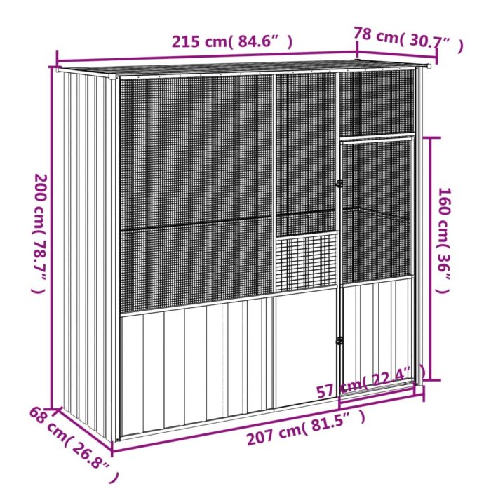 TrendyXL Vogelkooi 215x78x200 cm gegalvaniseerd staal grijs