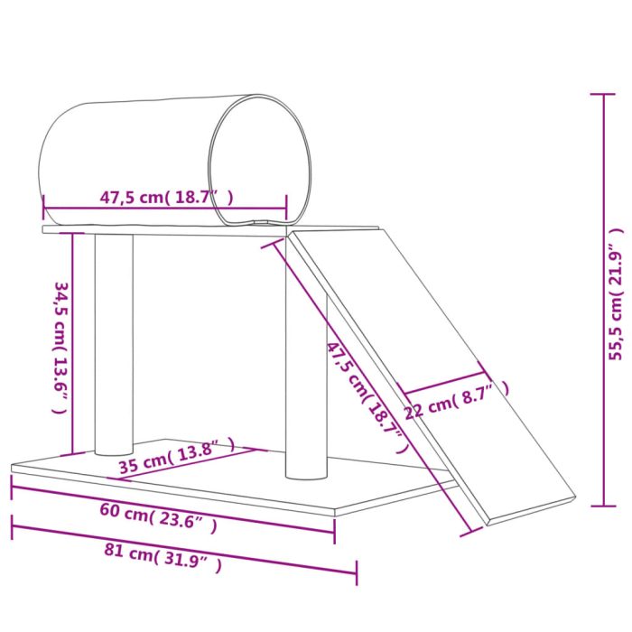 TrendyXL Kattenmeubel met tunnel en ladder 55,5 cm lichtgrijs