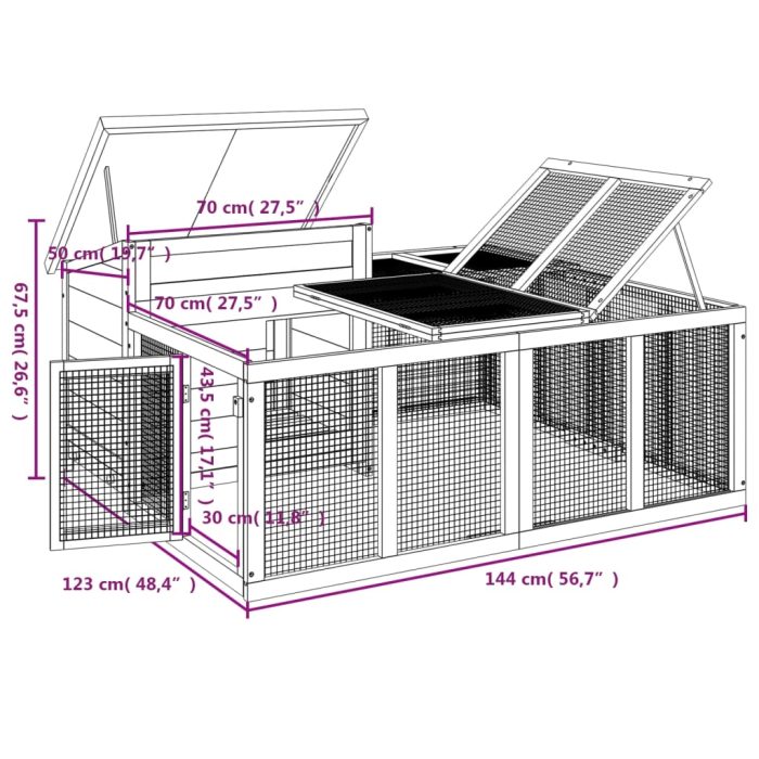 TrendyXL Konijnenhok 144x123x67,5 cm massief grenenhout grijs