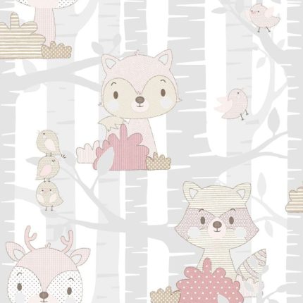 Noordwand Behang Mondo baby Forest Animals grijs en roze