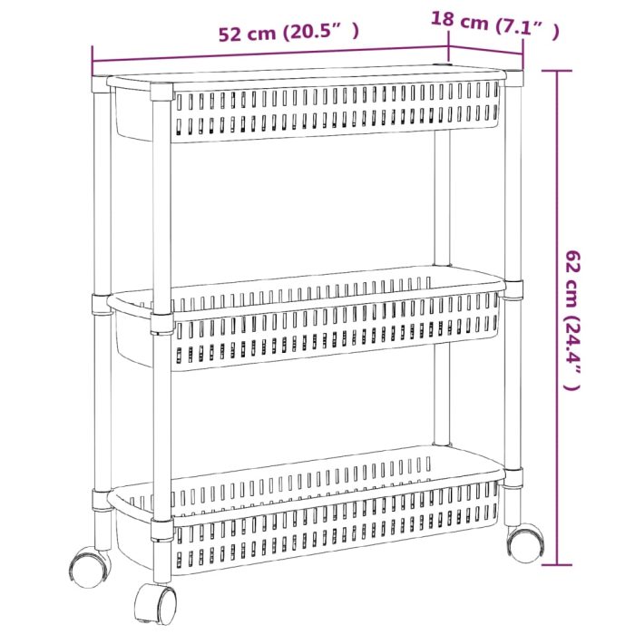 TrendyXL Opbergtrolley 3 laags aluminium zilverkleurig en wit